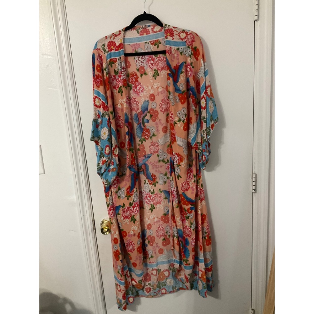 Boho Floral Bird Print Kimono Duster Wrap Peach Blue Rayon M/L